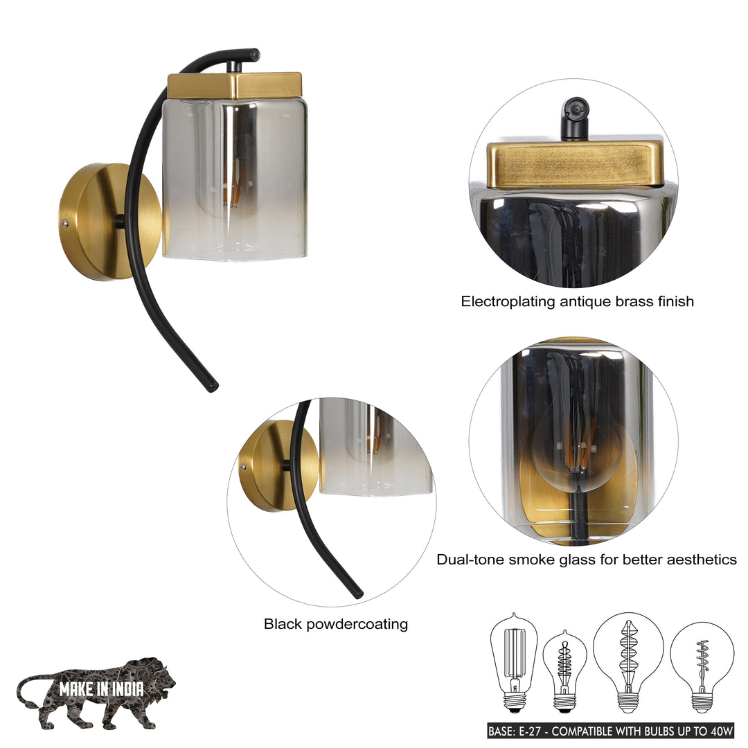 VERONA Single Light Wall Fitting In Black And Brass Finish Metal With Dual Tone Smoke Glass