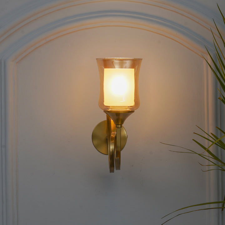 NENA Single Light Wall Fitting In Brass Finish Metal With Amber Glass