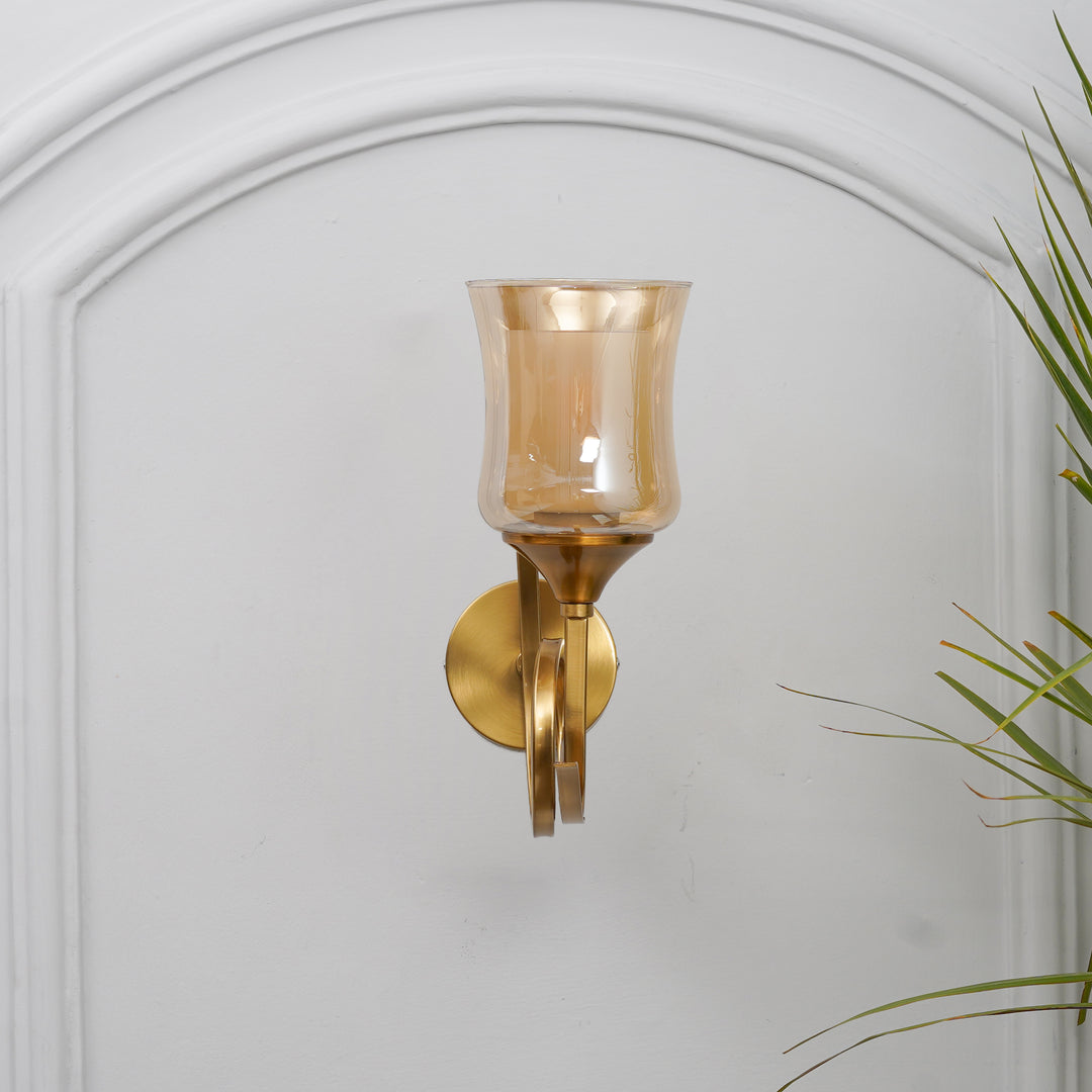NENA Single Light Wall Fitting In Brass Finish Metal With Amber Glass