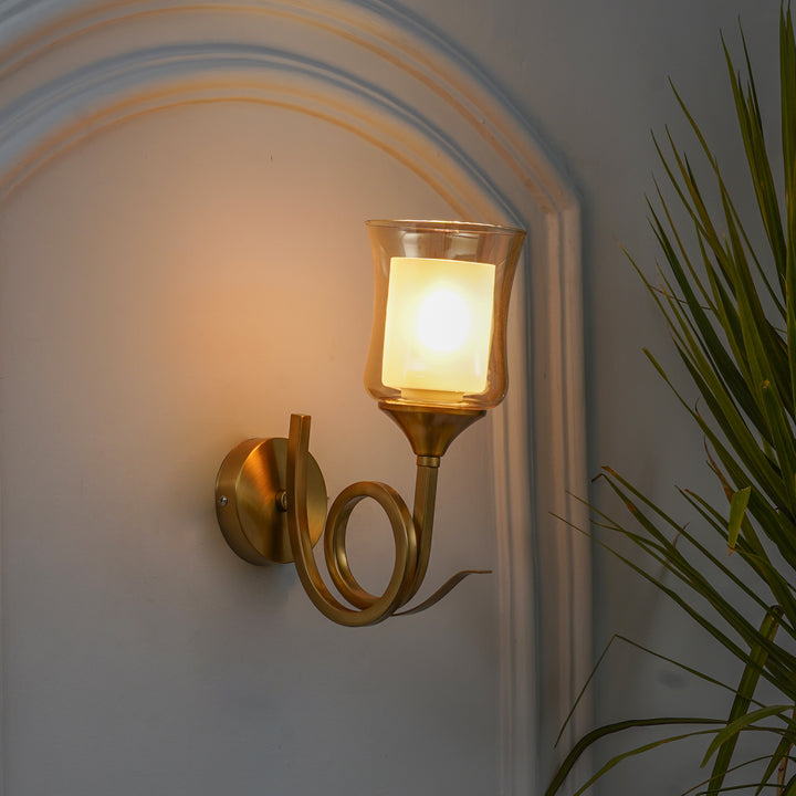 NENA Single Light Wall Fitting In Brass Finish Metal With Amber Glass