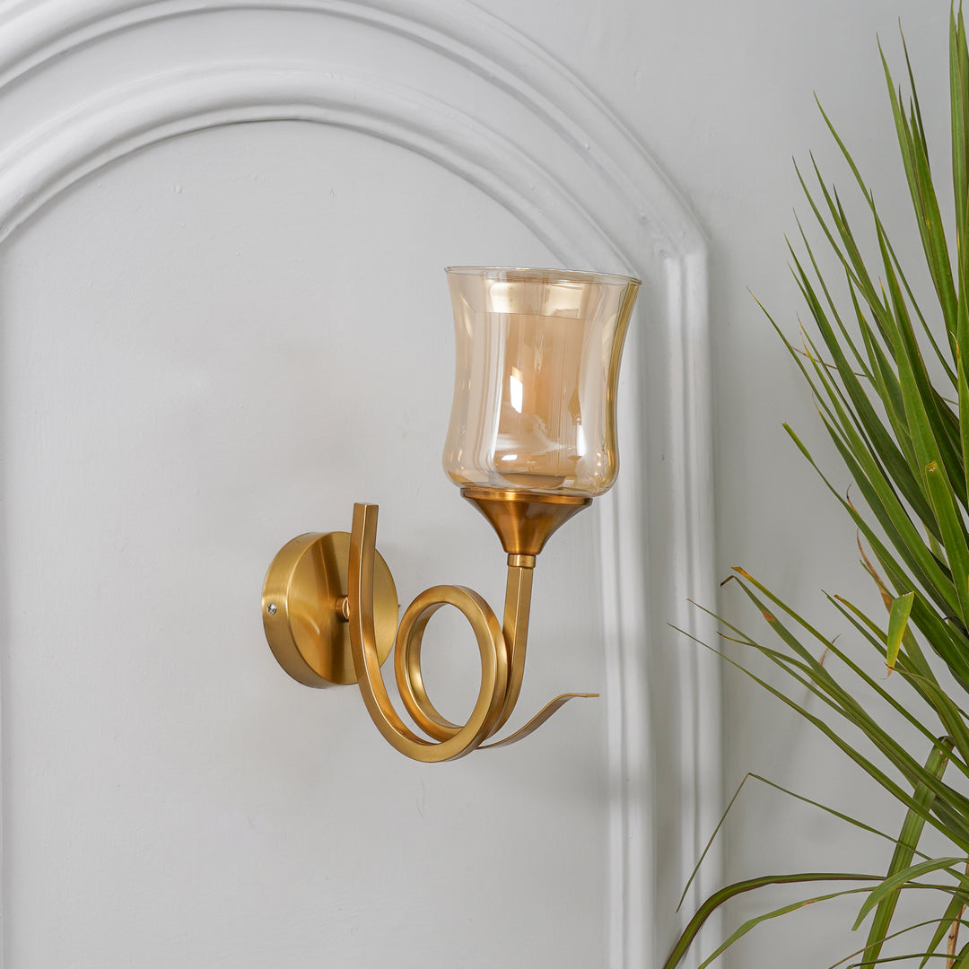 NENA Single Light Wall Fitting In Brass Finish Metal With Amber Glass