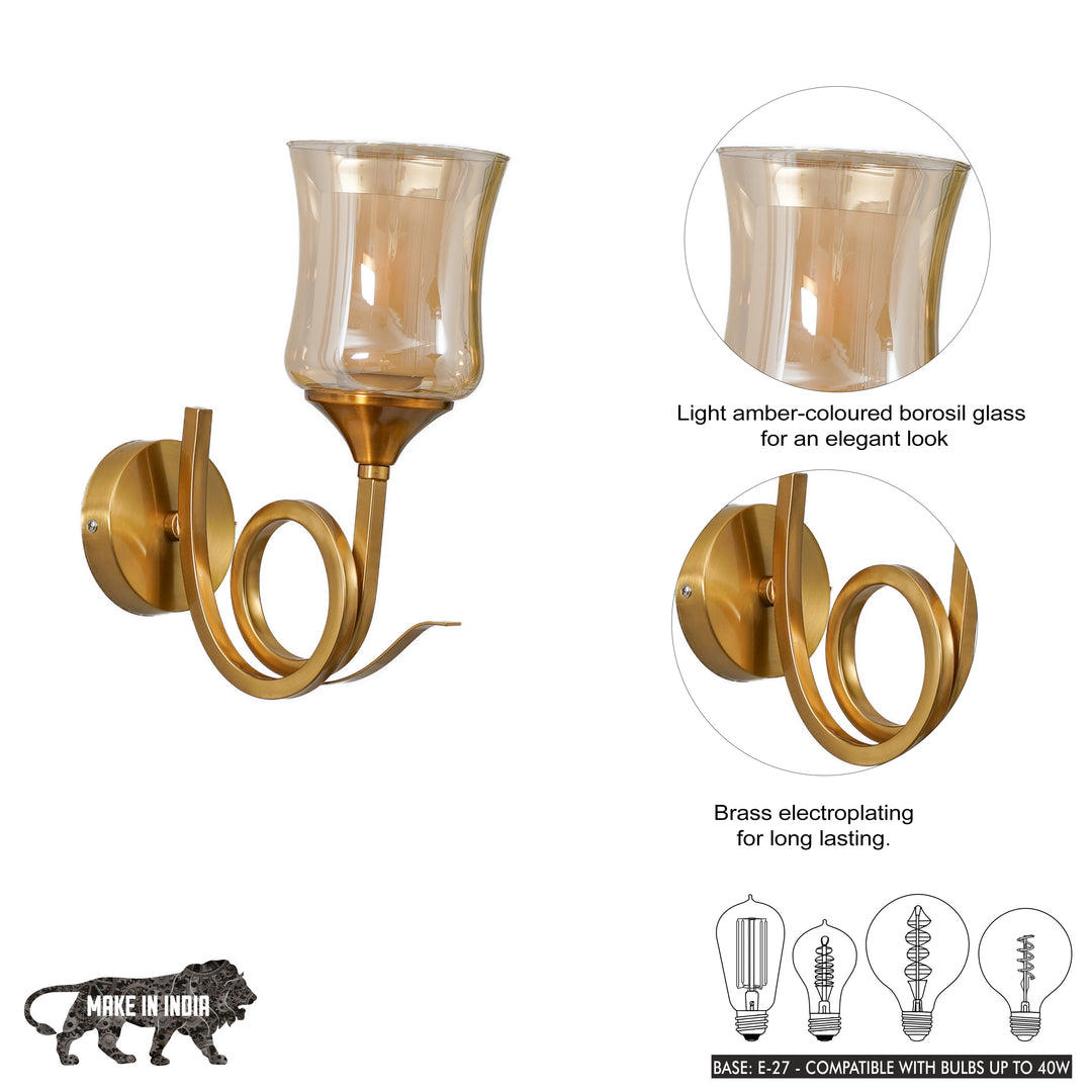 NENA Single Light Wall Fitting In Brass Finish Metal With Amber Glass