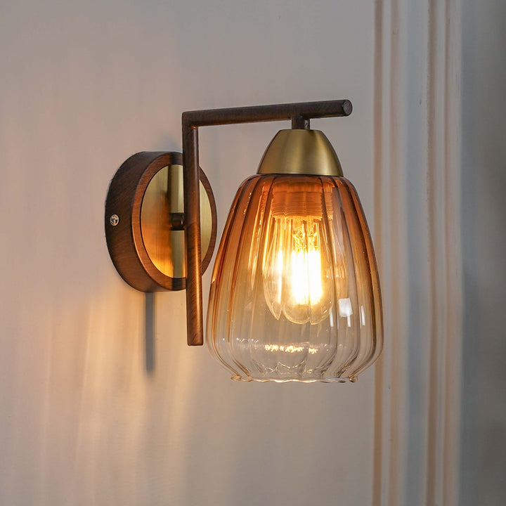 KICHLER Single Light Wall Fitting In Brass And Wood Finish Metal With Amber Glass