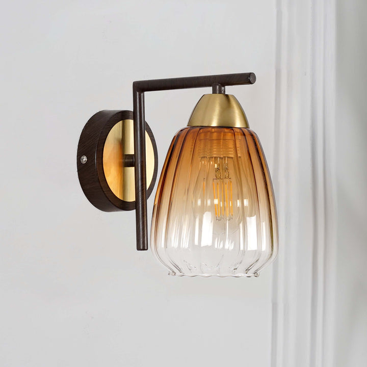 KICHLER Single Light Wall Fitting In Brass And Wood Finish Metal With Amber Glass