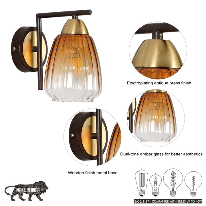 KICHLER Single Light Wall Fitting In Brass And Wood Finish Metal With Amber Glass