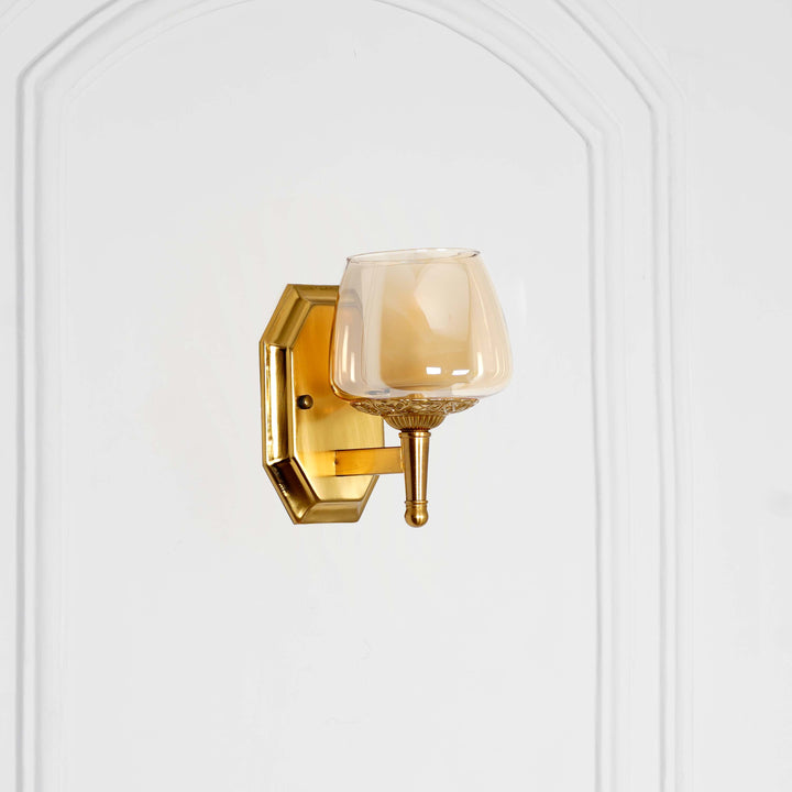 MORVAH Single Light Wall Fitting In Brass  Finish Metal With Amber Glass