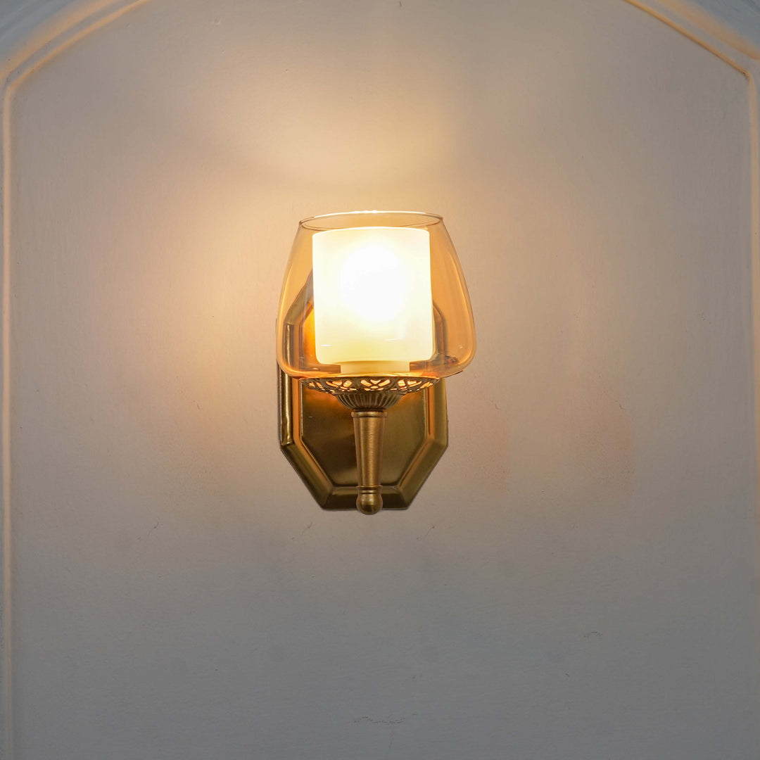 MORVAH Single Light Wall Fitting In Brass  Finish Metal With Amber Glass