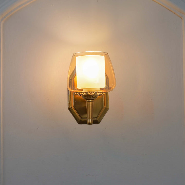 MORVAH Single Light Wall Fitting In Brass  Finish Metal With Amber Glass