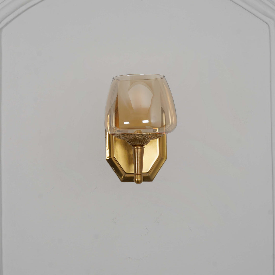 MORVAH Single Light Wall Fitting In Brass  Finish Metal With Amber Glass
