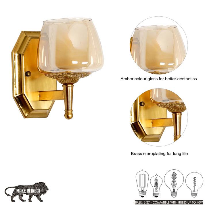 MORVAH Single Light Wall Fitting In Brass  Finish Metal With Amber Glass