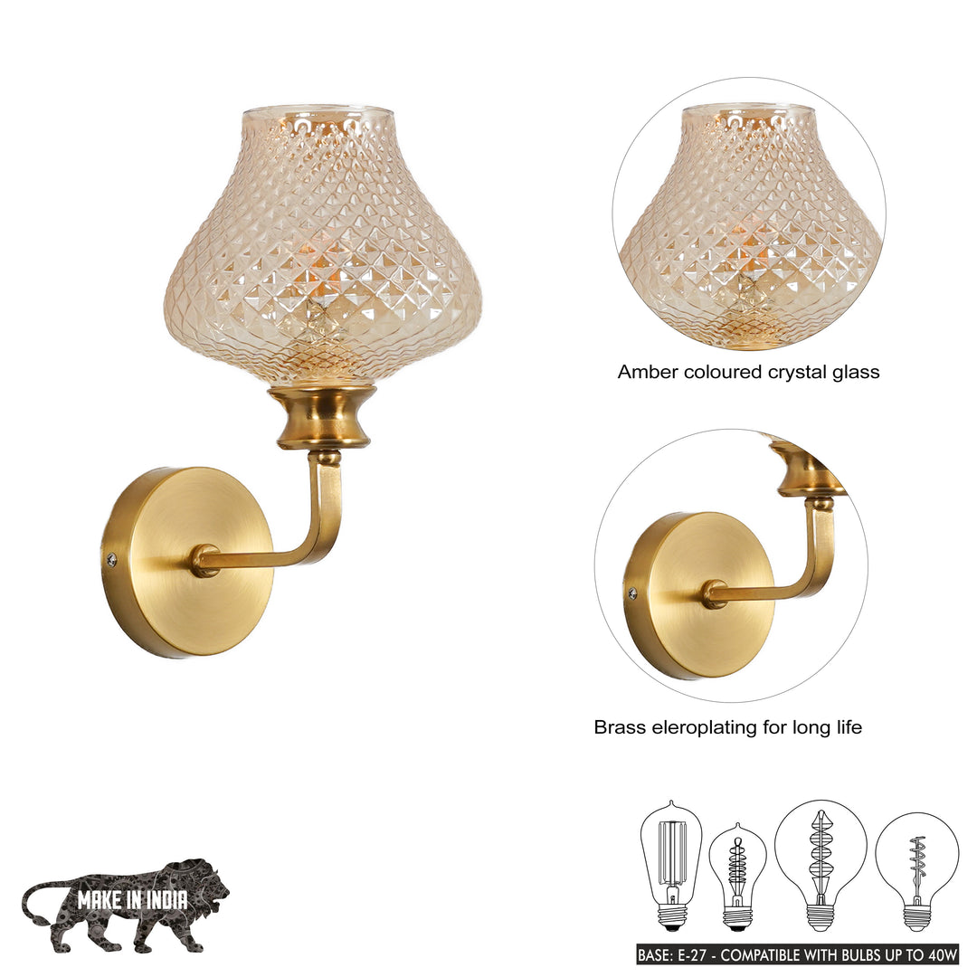 ANGELO Single Light Wall Fitting In Brass  Finish Metal With Amber Crystal Glass