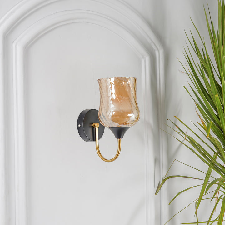 FLORIAN Single Light Wall Fitting In Black And Brass  Finish Metal With Amber Glass