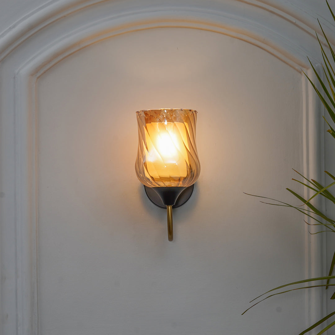 FLORIAN Single Light Wall Fitting In Black And Brass  Finish Metal With Amber Glass