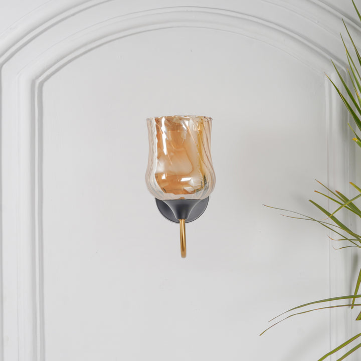 FLORIAN Single Light Wall Fitting In Black And Brass  Finish Metal With Amber Glass