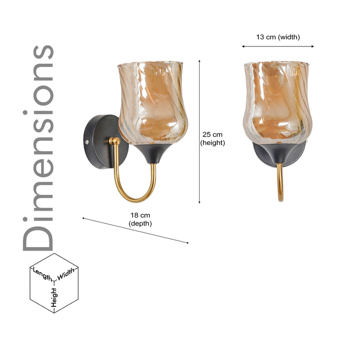 FLORIAN Single Light Wall Fitting In Black And Brass  Finish Metal With Amber Glass
