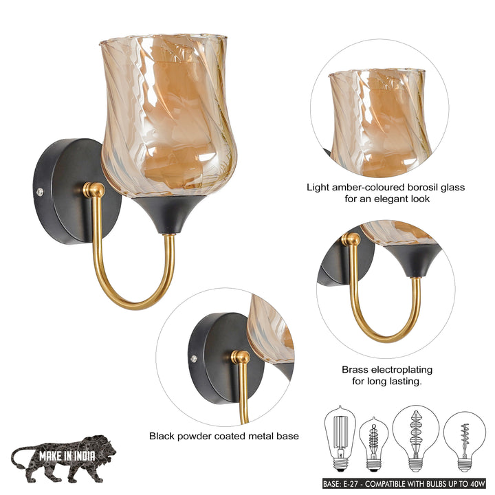 FLORIAN Single Light Wall Fitting In Black And Brass  Finish Metal With Amber Glass