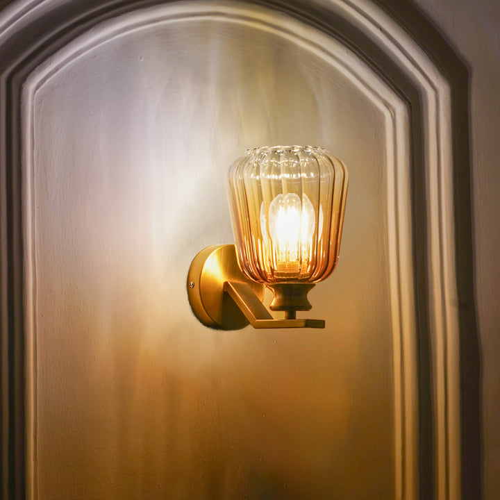 BRINLEY Single Light Wall Fitting In Brass  Finish Metal With Amber Glass