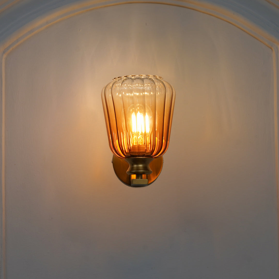 BRINLEY Single Light Wall Fitting In Brass  Finish Metal With Amber Glass