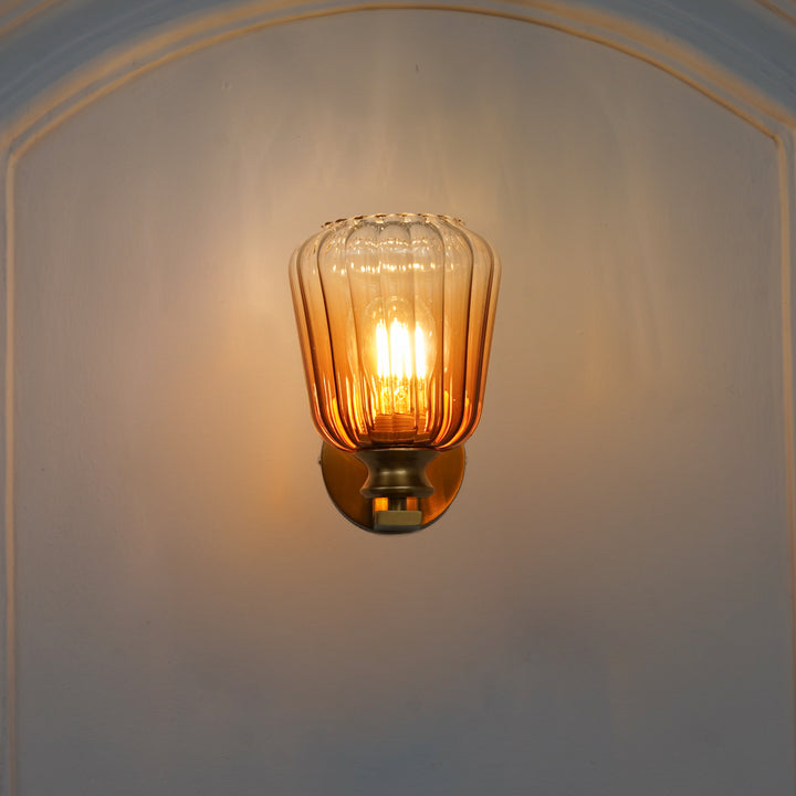 BRINLEY Single Light Wall Fitting In Brass  Finish Metal With Amber Glass