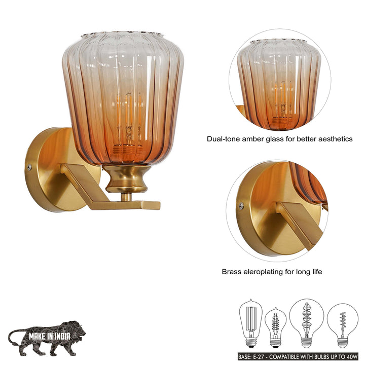 BRINLEY Single Light Wall Fitting In Brass  Finish Metal With Amber Glass