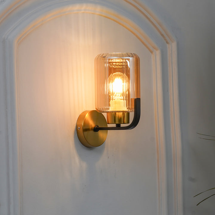 ISABELLA Single Light Wall Fitting In Black And  Brass  Finish Metal With Amber Glass