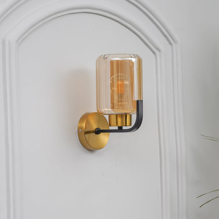 ISABELLA Single Light Wall Fitting In Black And  Brass  Finish Metal With Amber Glass