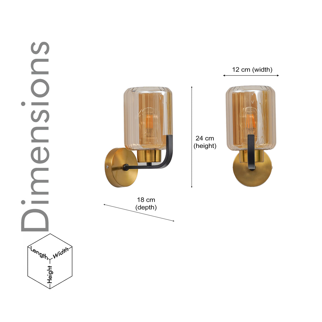 ISABELLA Single Light Wall Fitting In Black And  Brass  Finish Metal With Amber Glass