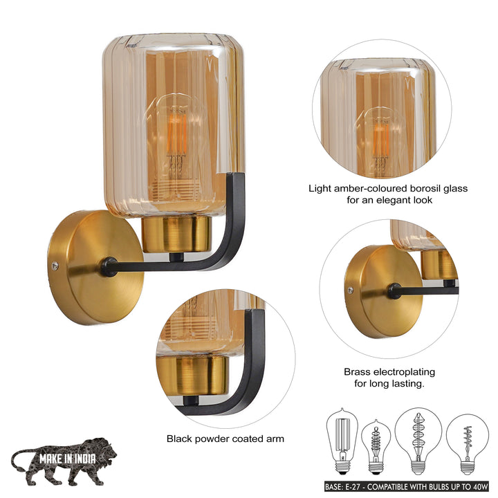 ISABELLA Single Light Wall Fitting In Black And  Brass  Finish Metal With Amber Glass