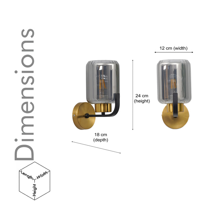 ISABELLA Single Light Wall Fitting In Black And  Brass  Finish Metal With Smoke Glass