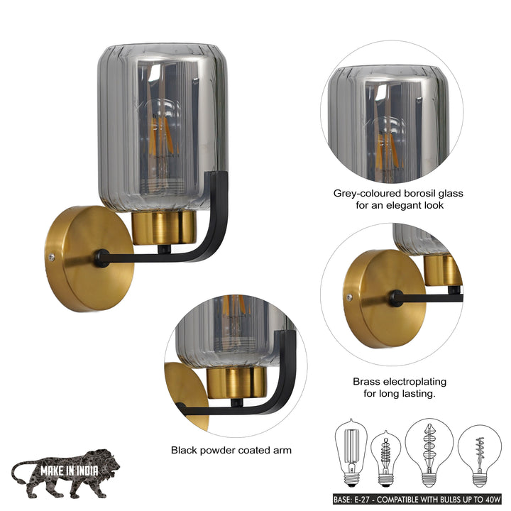 ISABELLA Single Light Wall Fitting In Black And  Brass  Finish Metal With Smoke Glass