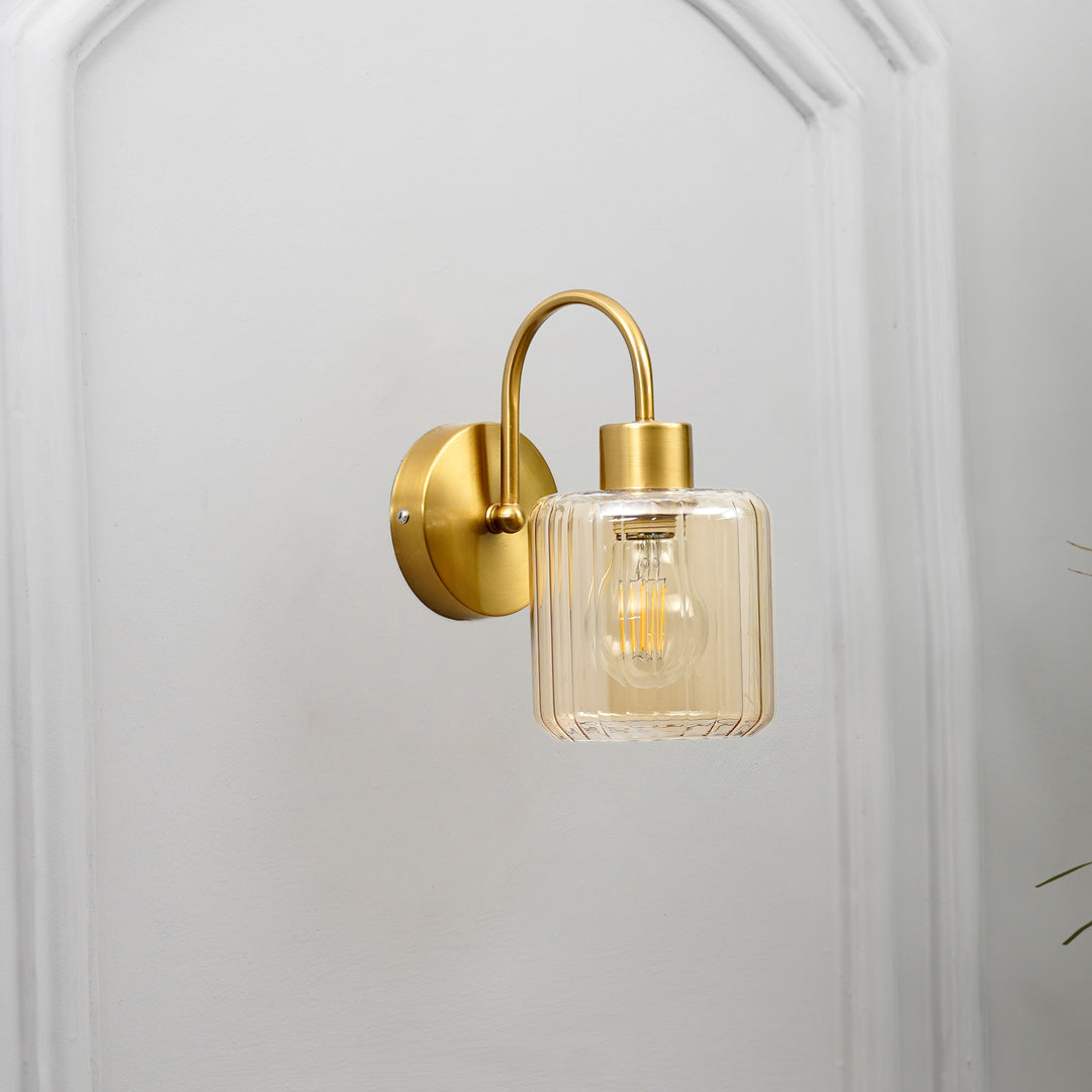 HENDRIK Single Light Wall Fitting In Brass  Finish Metal With Amber Glass