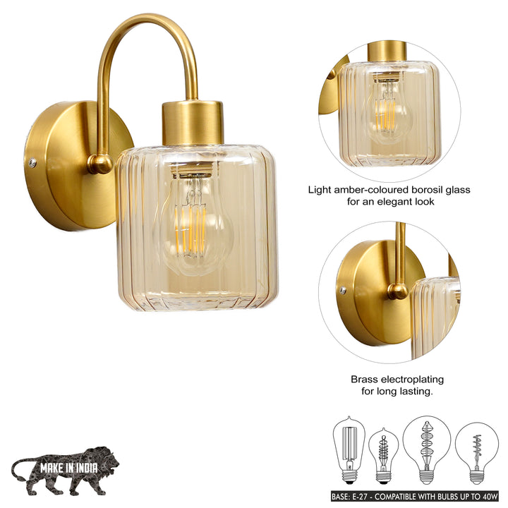 HENDRIK Single Light Wall Fitting In Brass  Finish Metal With Amber Glass