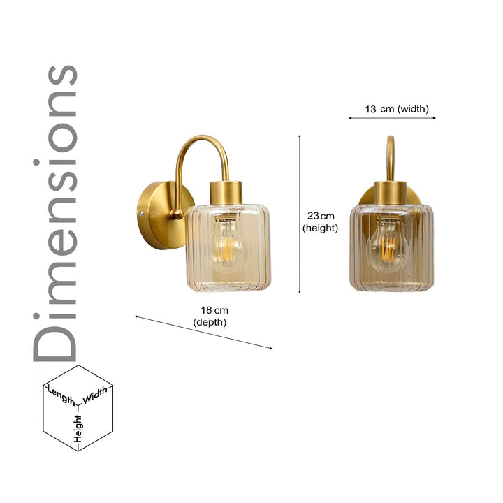 HENDRIK Single Light Wall Fitting In Brass  Finish Metal With Amber Glass