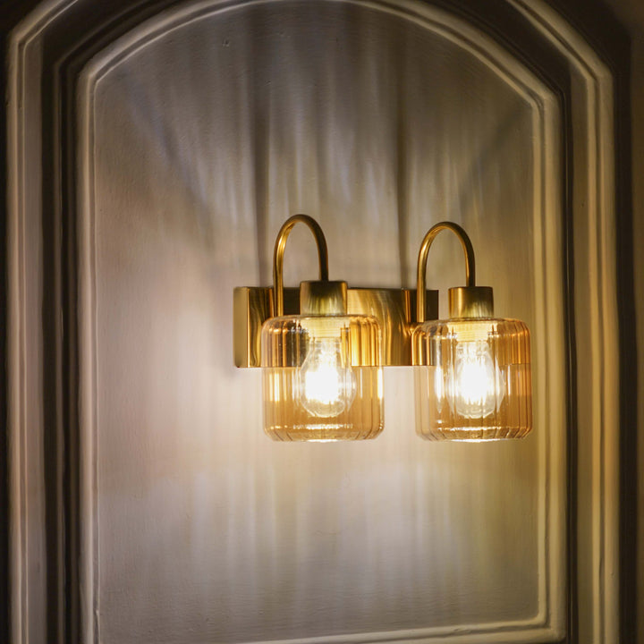 HENDRIK 2 Light Wall Fitting In Brass  Finish Metal With Amber Glass