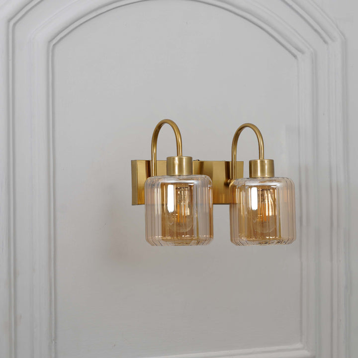 HENDRIK 2 Light Wall Fitting In Brass  Finish Metal With Amber Glass