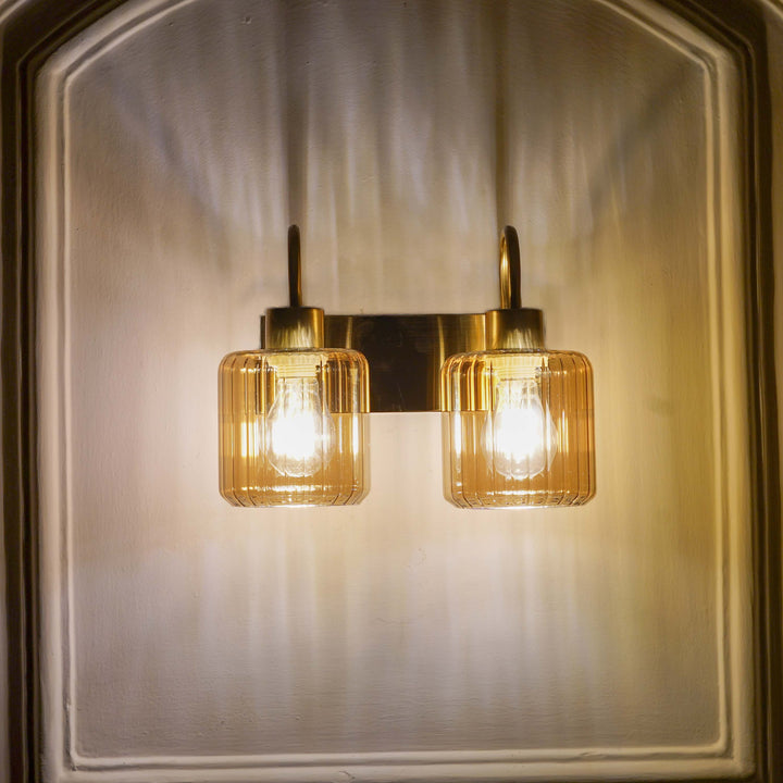 HENDRIK 2 Light Wall Fitting In Brass  Finish Metal With Amber Glass