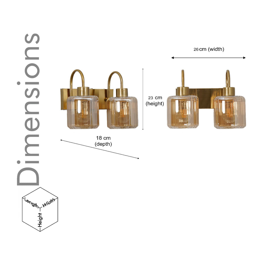 HENDRIK 2 Light Wall Fitting In Brass  Finish Metal With Amber Glass