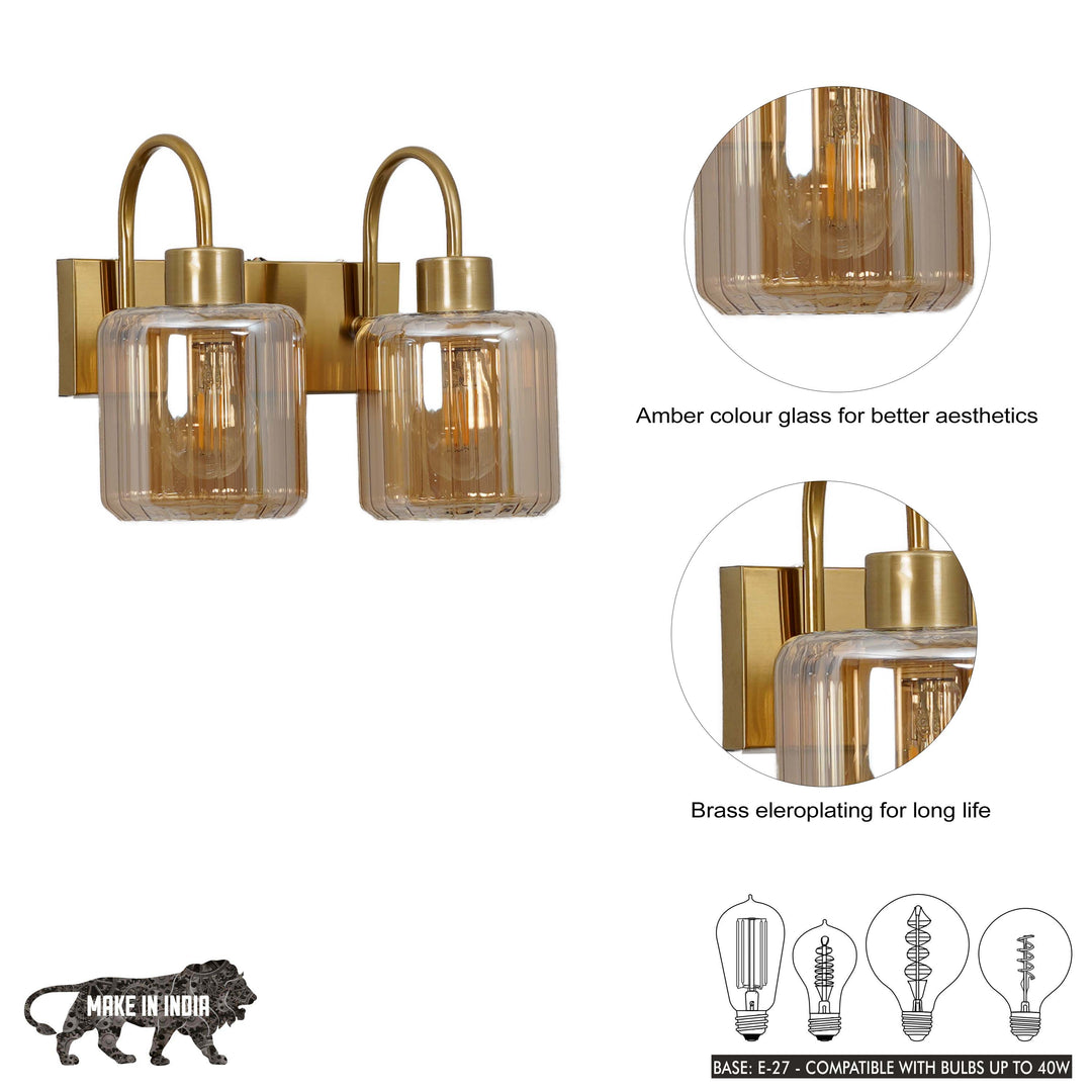 HENDRIK 2 Light Wall Fitting In Brass  Finish Metal With Amber Glass