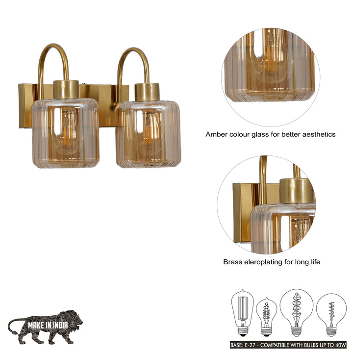 HENDRIK 2 Light Wall Fitting In Brass  Finish Metal With Amber Glass