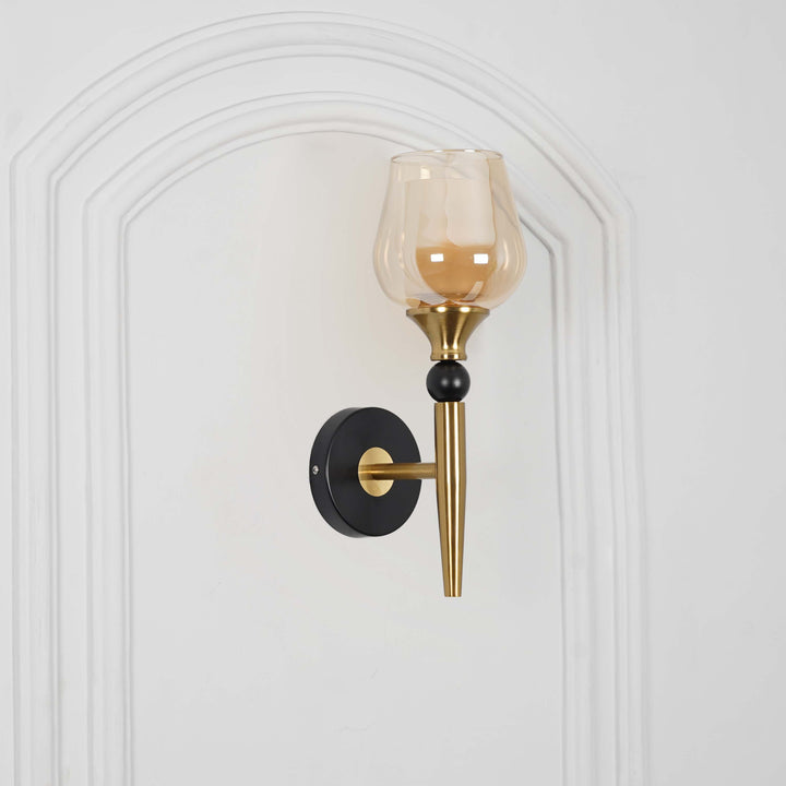 MANTIS Single Light Wall Fitting In Black And Brass Finish Metal With Amber Glass