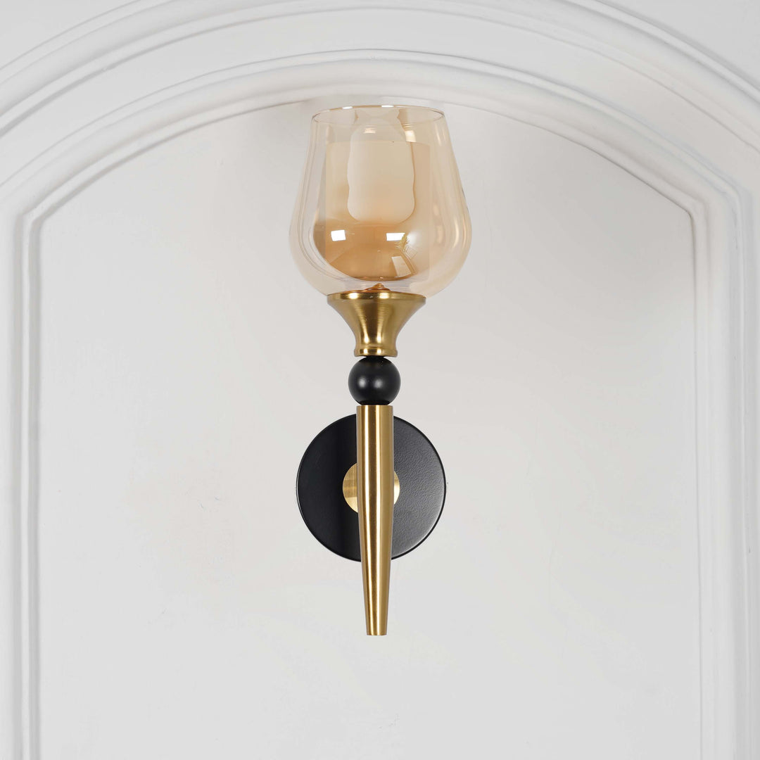 MANTIS Single Light Wall Fitting In Black And Brass Finish Metal With Amber Glass