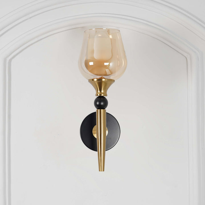 MANTIS Single Light Wall Fitting In Black And Brass Finish Metal With Amber Glass