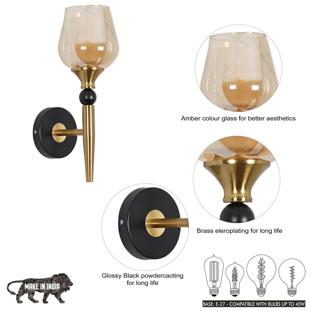 MANTIS Single Light Wall Fitting In Black And Brass Finish Metal With Amber Glass
