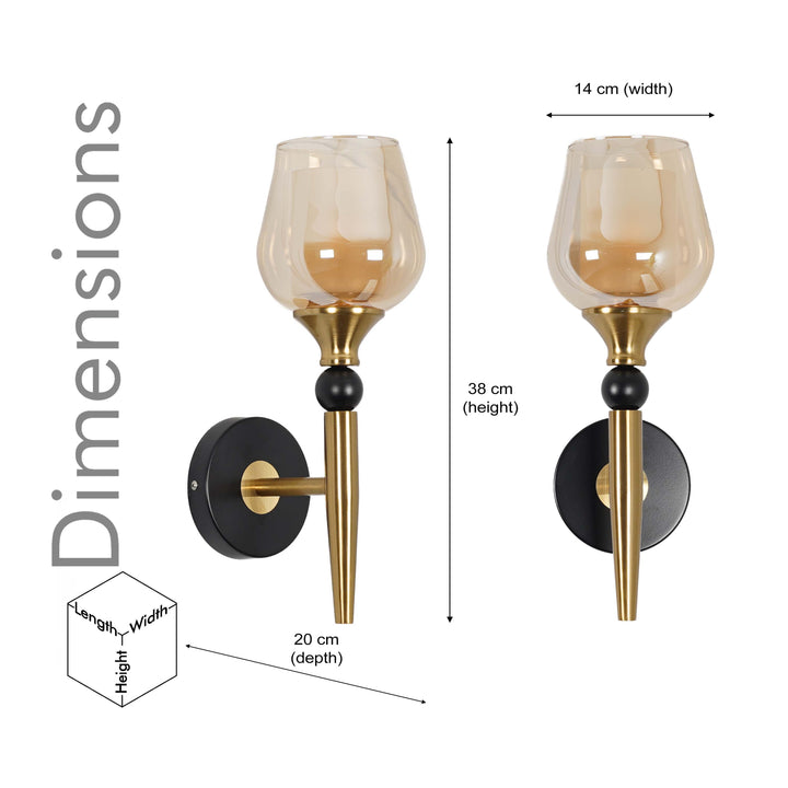 MANTIS Single Light Wall Fitting In Black And Brass Finish Metal With Amber Glass