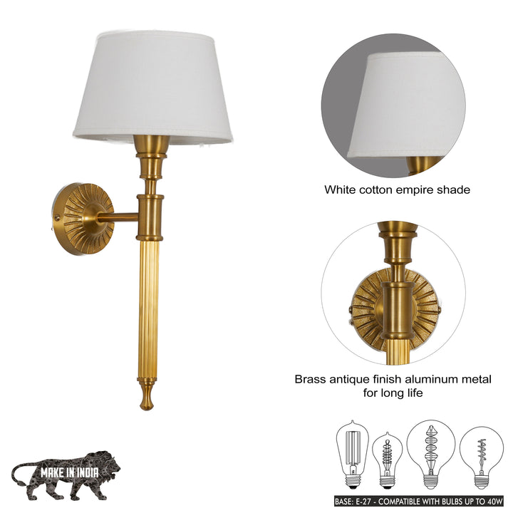 PARKER Single Light Wall Fitting In Antique Brass Finish Metal With Cotton Shade