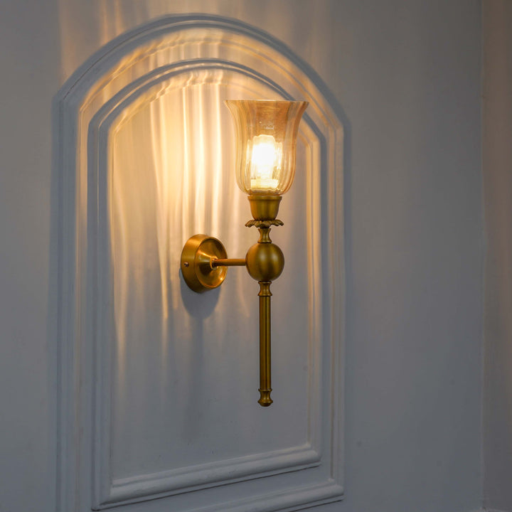 ABBIE Single Light Wall Fitting In Antique Brass Finish Metal With Amber Glass
