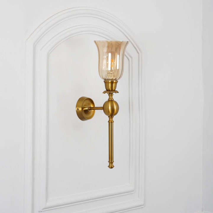 ABBIE Single Light Wall Fitting In Antique Brass Finish Metal With Amber Glass