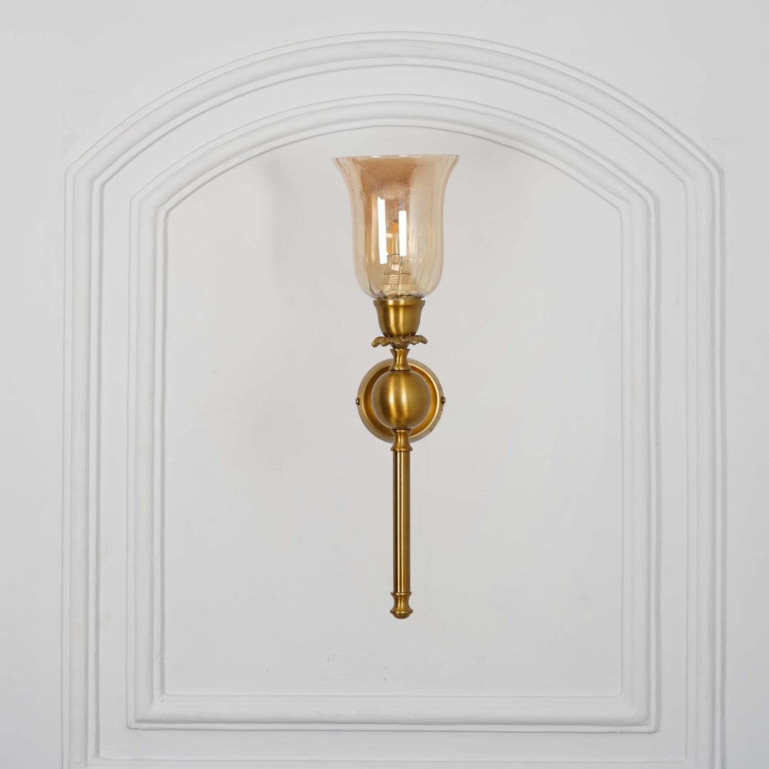ABBIE Single Light Wall Fitting In Antique Brass Finish Metal With Amber Glass