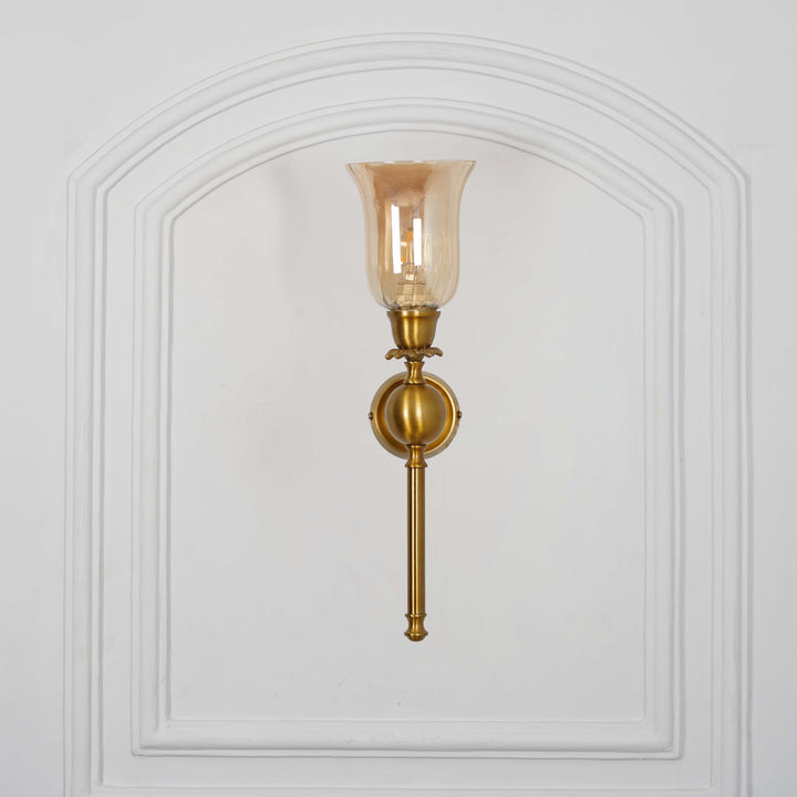 ABBIE Single Light Wall Fitting In Antique Brass Finish Metal With Amber Glass