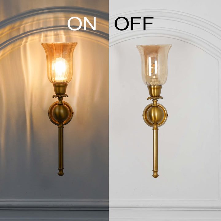 ABBIE Single Light Wall Fitting In Antique Brass Finish Metal With Amber Glass